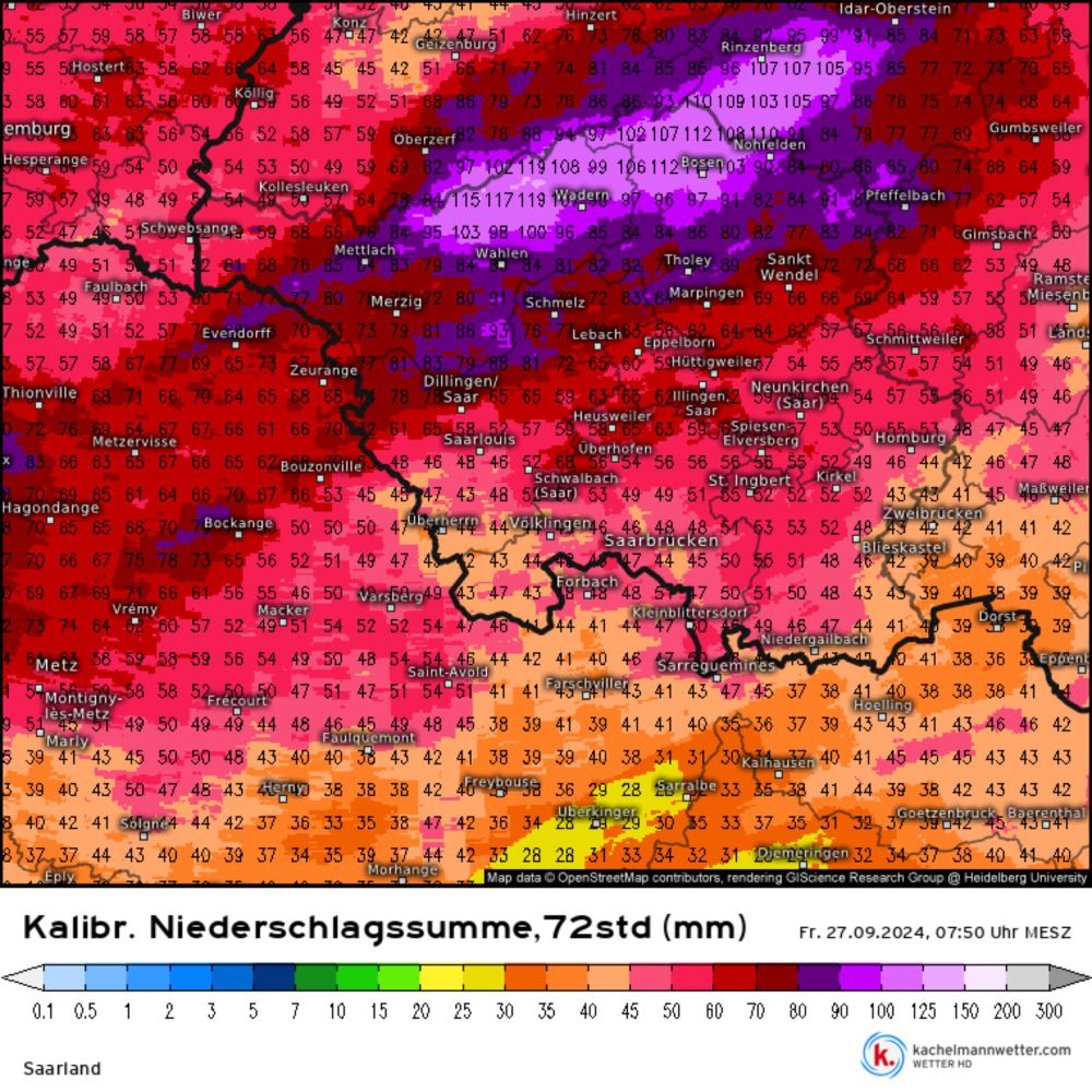 Kalibr. Niederschlagsumme, 72std) vom 27.09.2024, 07:50 Uhr