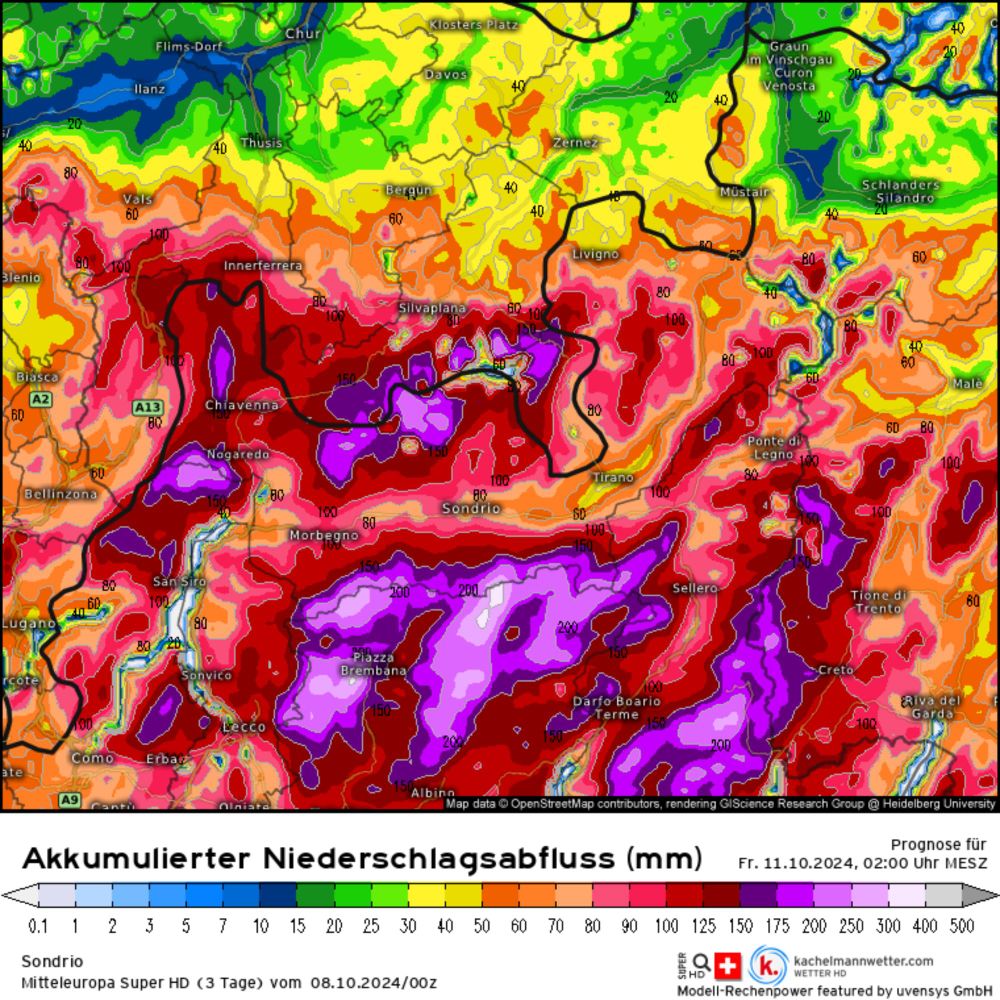 Modellkarten für Sondrio (Akkumulierter Niederschlagsabfluss) | Mitteleuropa Super HD (3 Tage)