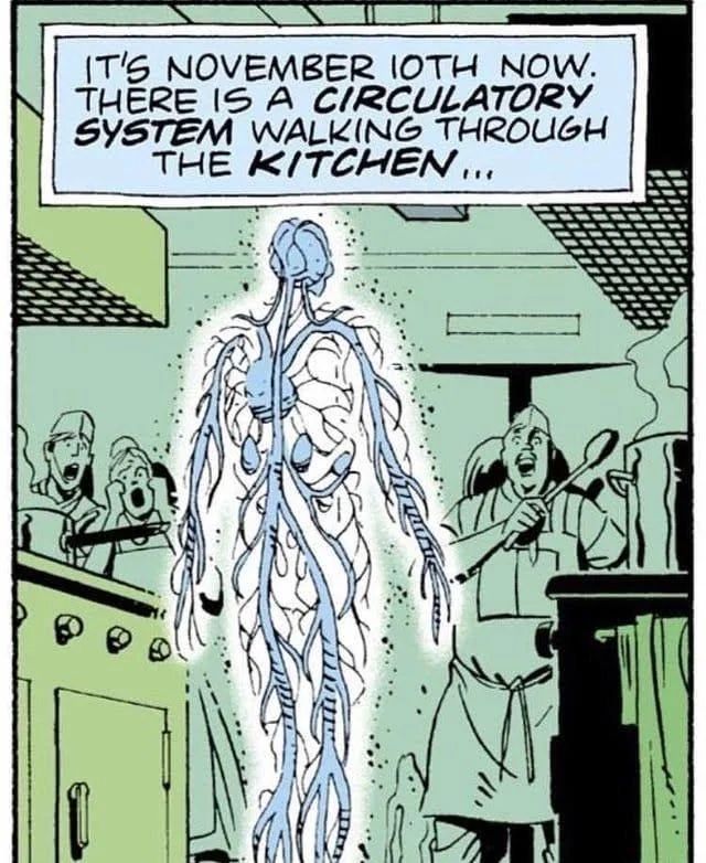 Watchmen screenshot: "It's November 10th now. There is a circulatory system walking through the kitchen..."