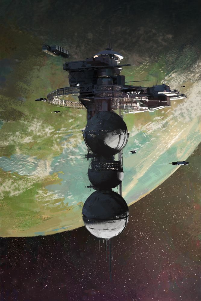A large, bulbous space station floating above a green and blue planet