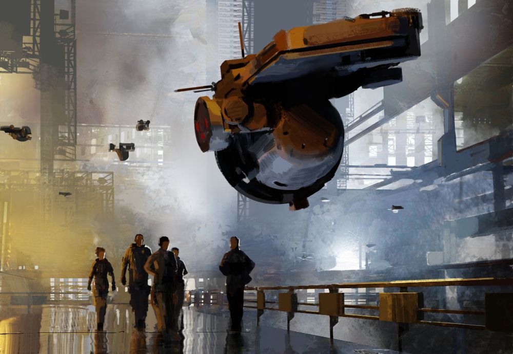 A large, metallic plaza filled with people, smoke, and hovering spacecraft