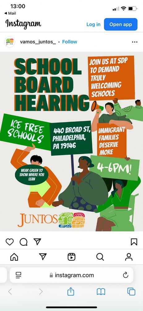 Screenshot of an Instagram post about a School board hearing protest event hosted by Juntos, at 4:40 Broad Street in Philadelphia from 4 to 6 PM, on Thursday, February 27.
