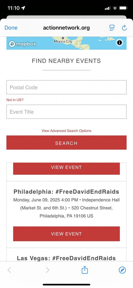 This is a screenshot of an action network event page which lists the Philadelphia. #FreeDavidAndReid’sRallyIsTakingPlaceOn Monday, June 9At4 PM at independenceHall.