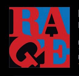 Rage Against the Machine cover art with RAGE in block letters. RA above GE in red, black, and blue colors with the G at a dutch angle like the iconic AIDS pop art painting