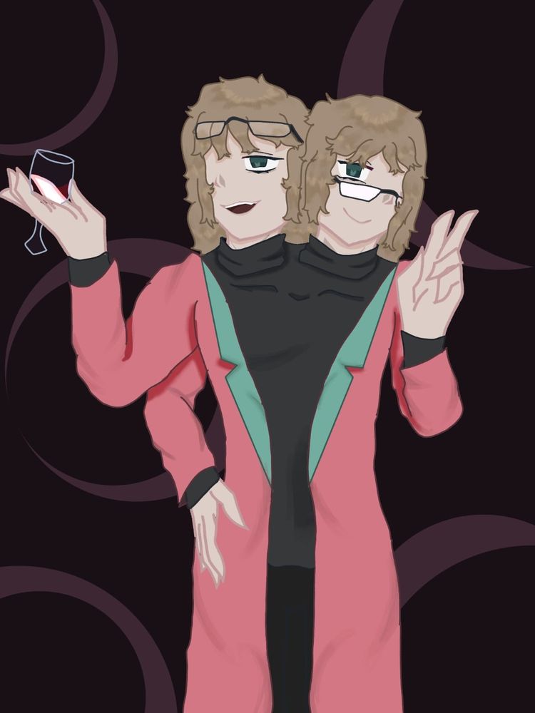 Ilustração do personagem Zaphod Beeblebrox, com suas duas cabeças e três braços, usando um casaco rosa de gola verde e blusa preta. Ele segura uma taça de bebida em uma mão e faz o sinal de "paz e amor" com a outra mão.