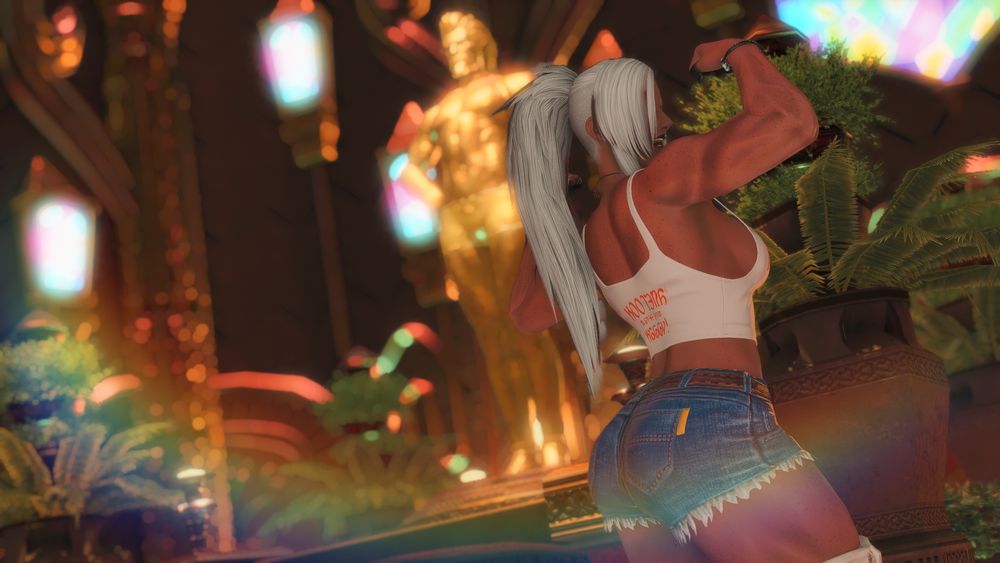 a tan-skinned woman with a long white shaggy ponytail and undercut flexes in front of the gold statue of godbert manderville, flexing in his underthings.  she's wearing a white tank top styled after eorzean hooters, and cutoff denim jeans.  the manderville gold saucer is a final fantasy casino in the desert, so there's lots of gold decor and potted succelents