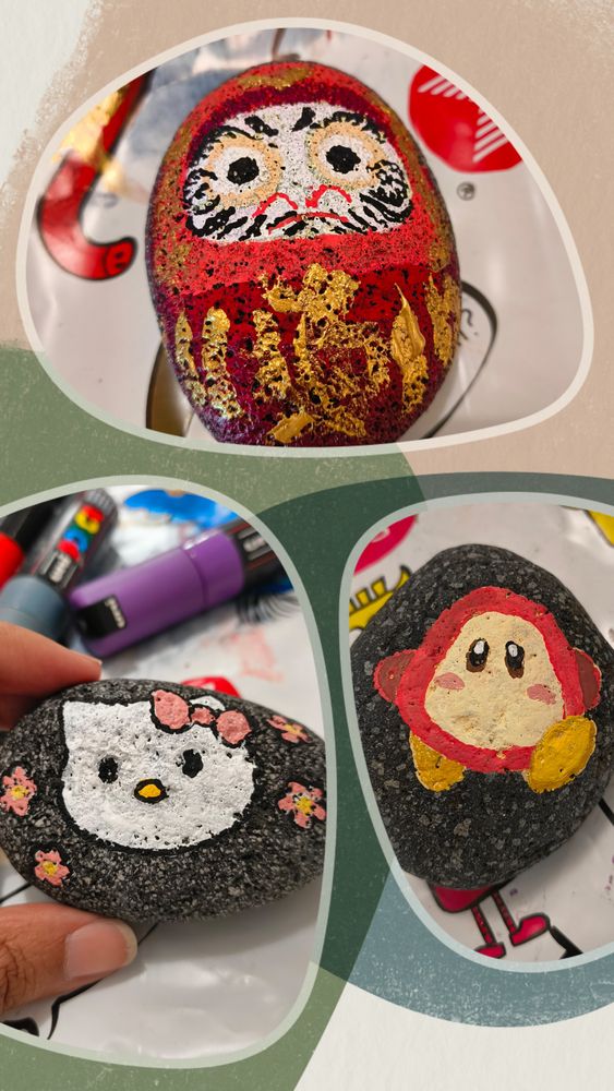A collage of 3 photos of hand-painted basalt rocks. From top, l-r: Daruma, Hello Kitty, Waddle Dee.