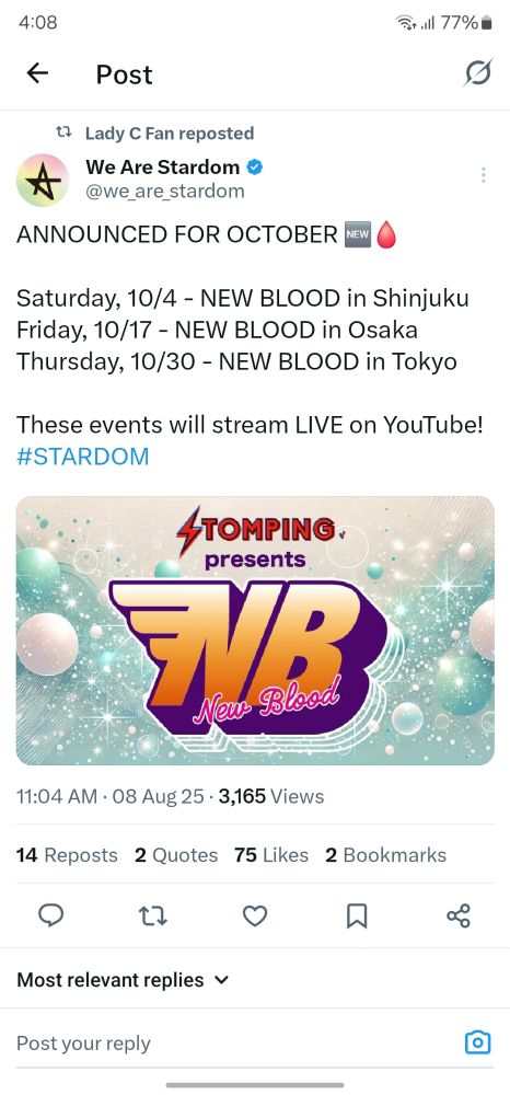 A screenshot of Stardom announcing New Blood shows on October 4th, October 17th, and October 30th. All live for free on youtube.