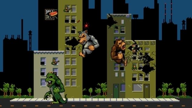 Scene from the Rampage arcade game where George the ape and Ralph the wolfman climb on buildings destroying them as Lizzie the lizard person walks along the ground, looking for more tanks to destroy.