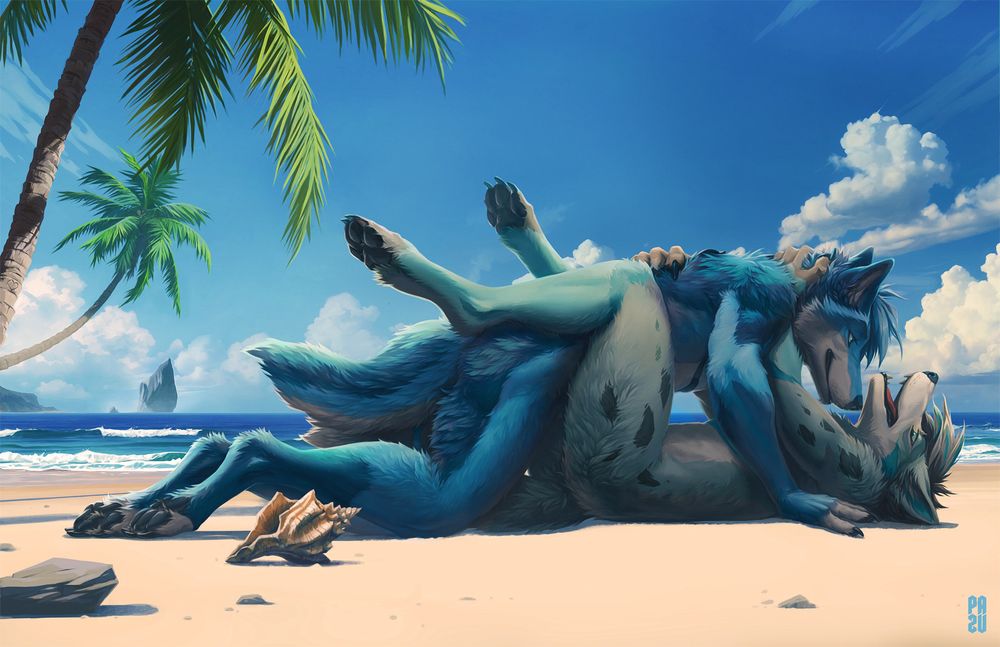 Beach scene. Two anthropomorphic wolves - their names are Rahne and Eden - lie on the sand and embrace each other intimately. Rahne's fur is mostly blue, while Eden's is mostly gray. In the background, the blue sea and some rocks in the distance. In the foreground some stones and shells.