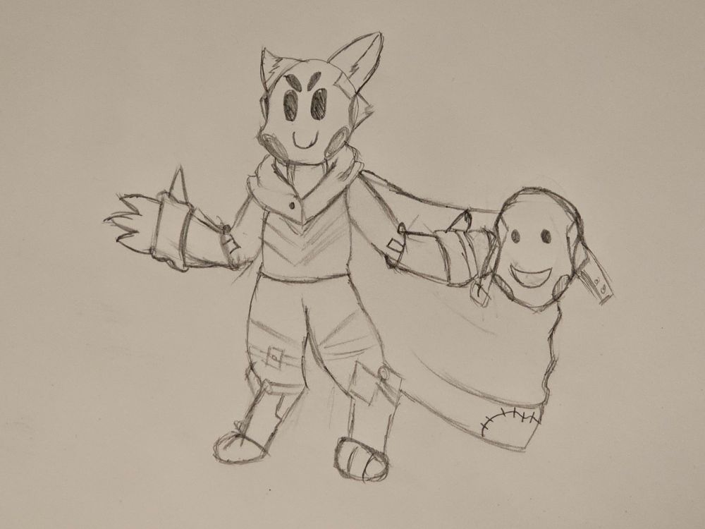 Sketch of a masked gremlin holding another mask in their hand, cloak flowing behind 