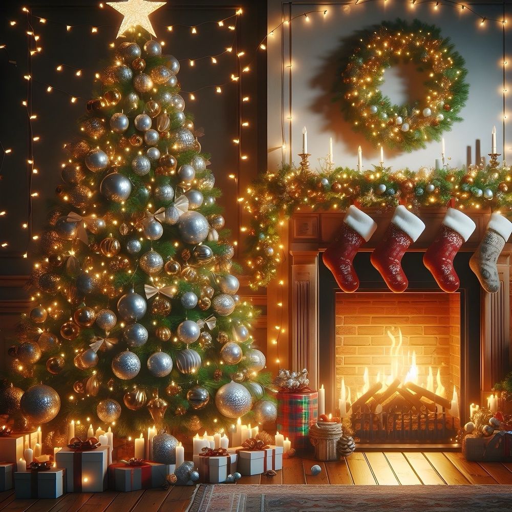 Sapin de Noël décoré devant une cheminée dans laquelle brule un joli feu. 