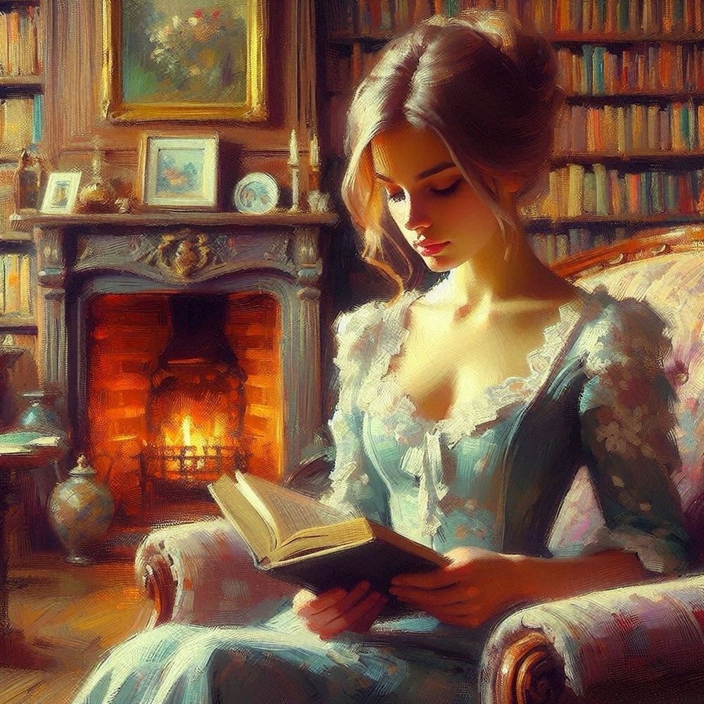 Jeune femme lisant au salon avec cheminée