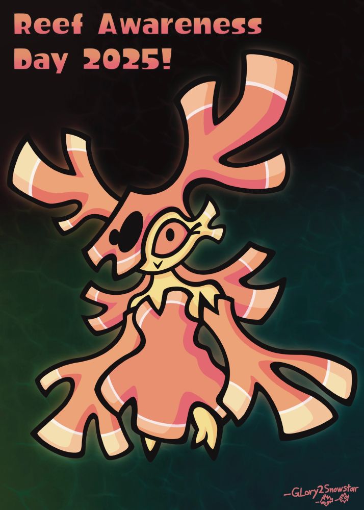 An anthropomorphic depiction of an elkhorn coral (known scientifically by the name Acropora palmata). The top-left corner reads "Reef Awareness Day 2025!" Happy World Reef Awareness Day! :) 