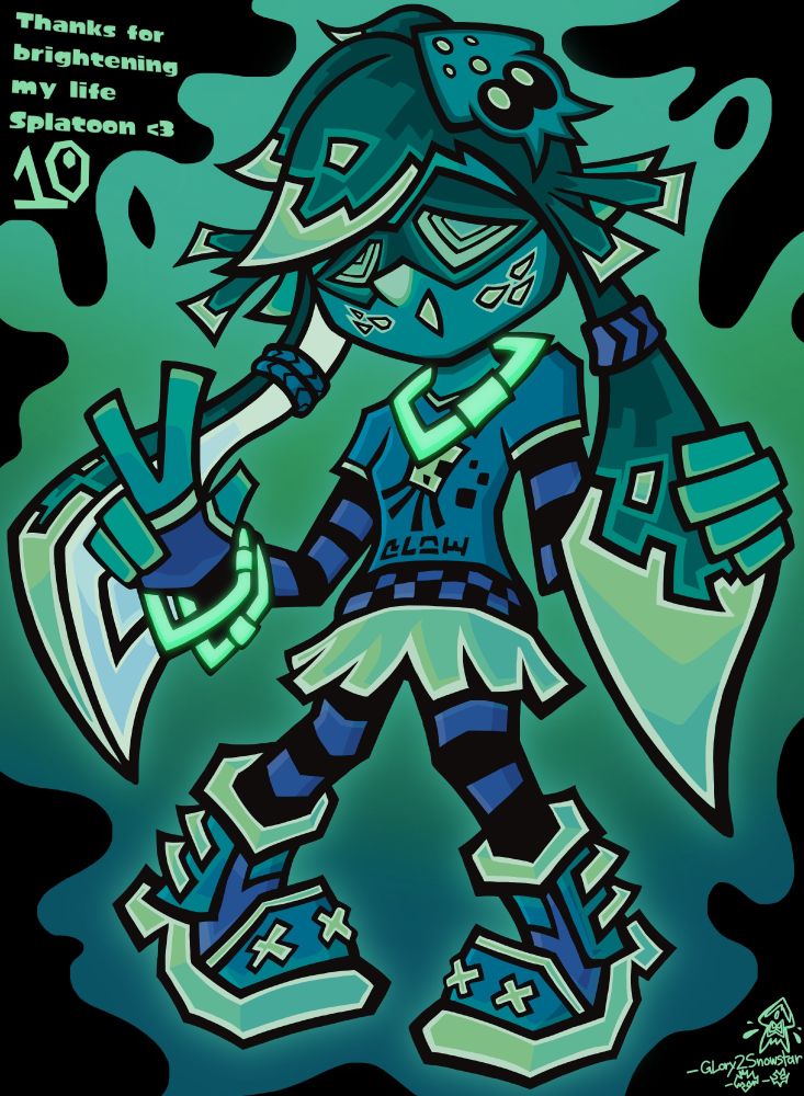 A CMYK illustration of a 2000's scene-inspired Inkling character mixed with a Minecraft Glow Squid. "Thanks for brightening my life Splatoon <3" is written on a black splotch of ink in the upper-lefthand corner. Underneath is a stylized "10" to celebrate the franchise's 10th anniversary of public release with its first game of the same name. 