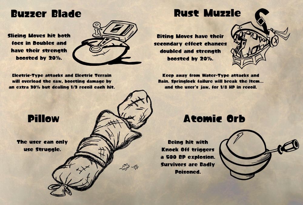 Four mysterious Pokemon Items that are not formally registered under Indigo League compliance protocols. Two were recovered from a bathroom, one from an alleyway, and one from a laboratory. 