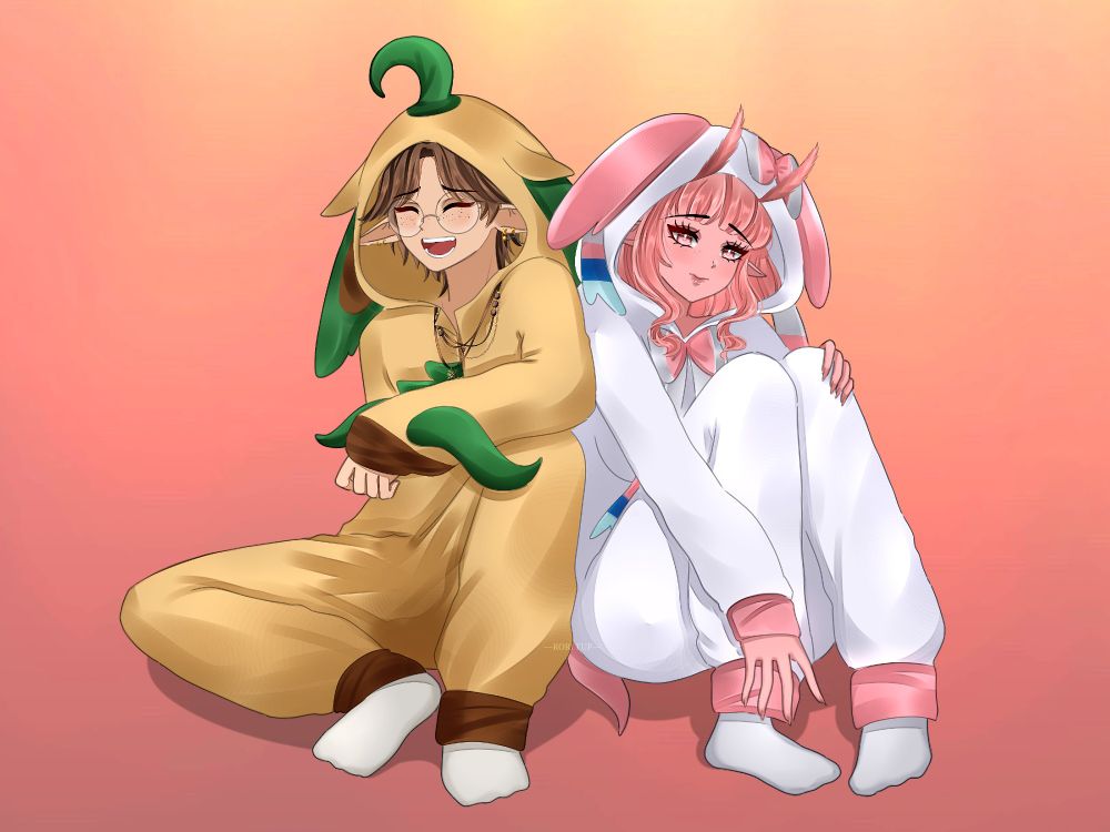 Rosalie in a sylveon onesie looking shy beside Truffles in a leafeon onesie who is laughing