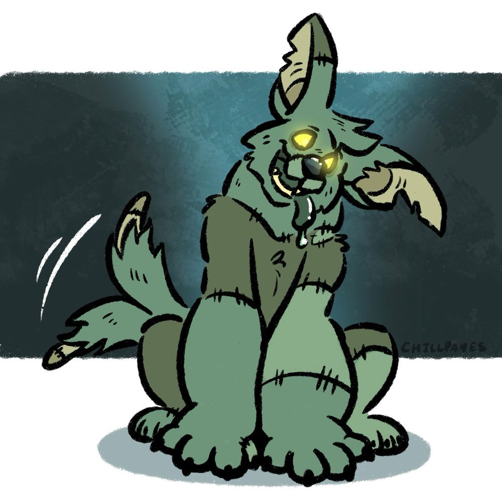 The image contains a dogmonster sitting on all fours. Their tongue is sticking out and their tail is wagging behind them. They are also covered in stitches and different patches of green fur all over their body.