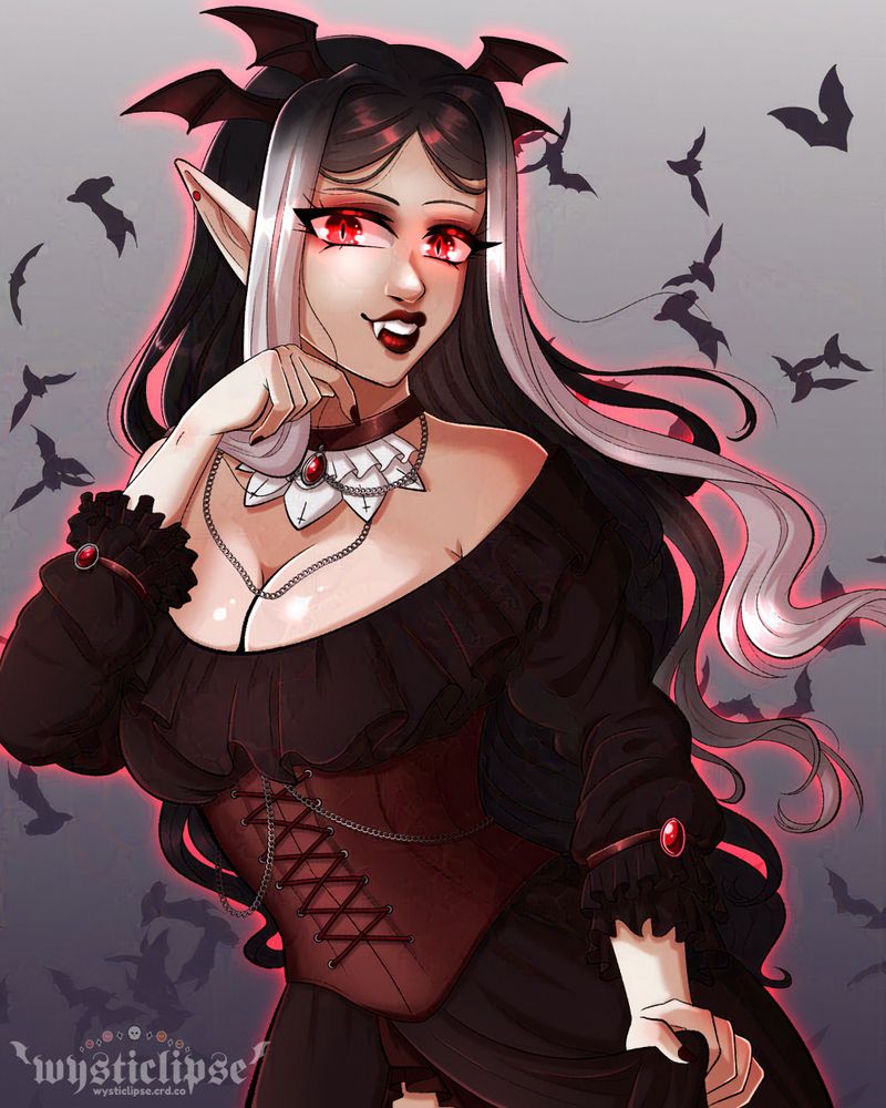 A digital illustration of a buxom vampire with red eyes, slitted pupils, long hair which is wavy and colored black with white streaks and very pale skin. She's wearing a low cut dress with a brownish-red corset and has little vampire wings attached to her head.