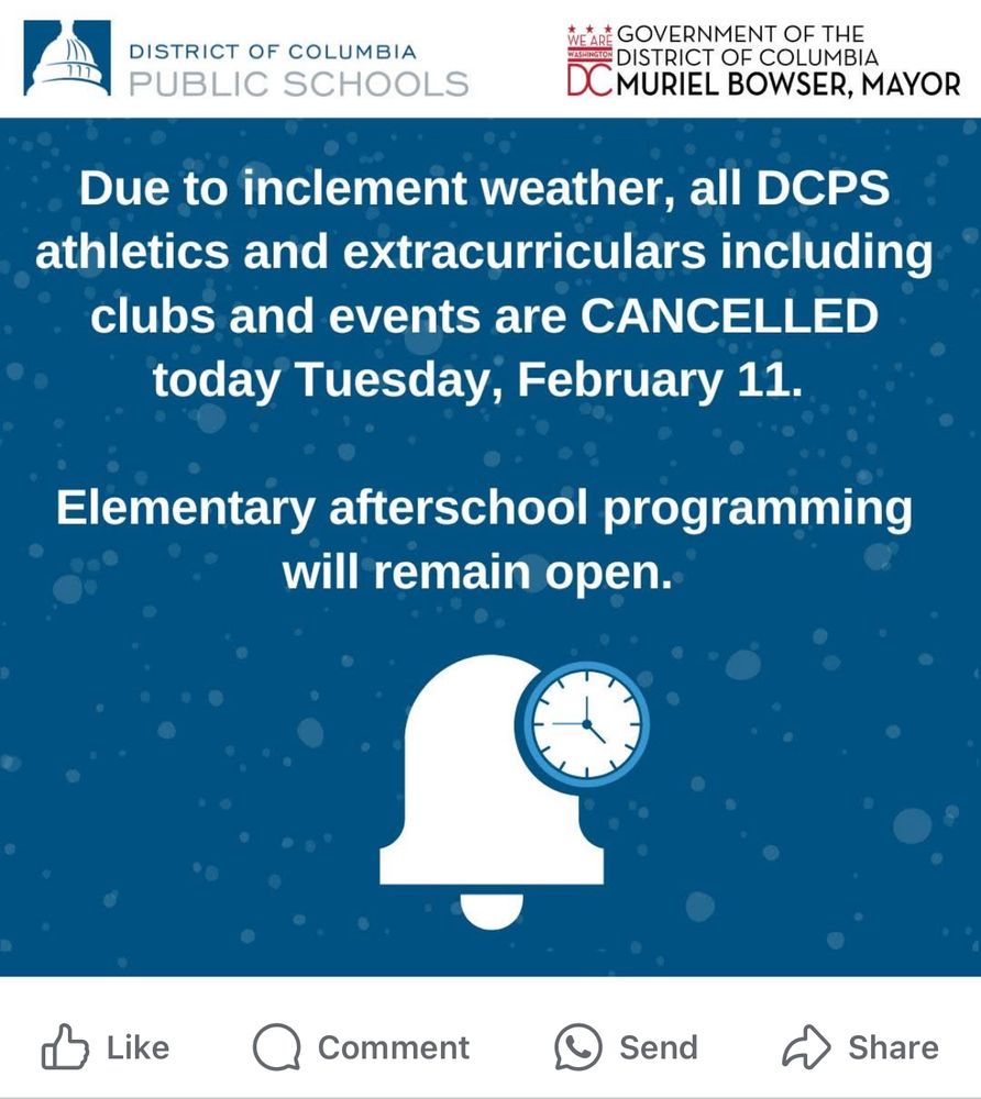 Due to inclement weather, all DCPS athletics and extracurriculars including clubs and events are CANCELLED today Tuesday, February 11.

Elementary afterschool programming will remain open.