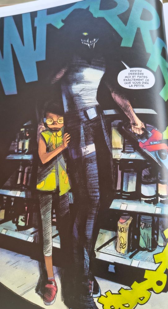 Ma planche préférée 
Le personnage principal, Jessica Slaughter, protège une enfant noire derrière elle. Jessica tient une tronçonneuse de l'autre main, sa tête est dans l'obscurité, on ne voit que son masque. La bulle dit "Restez derrière moi et faites exactement ce que vous dit la petite"