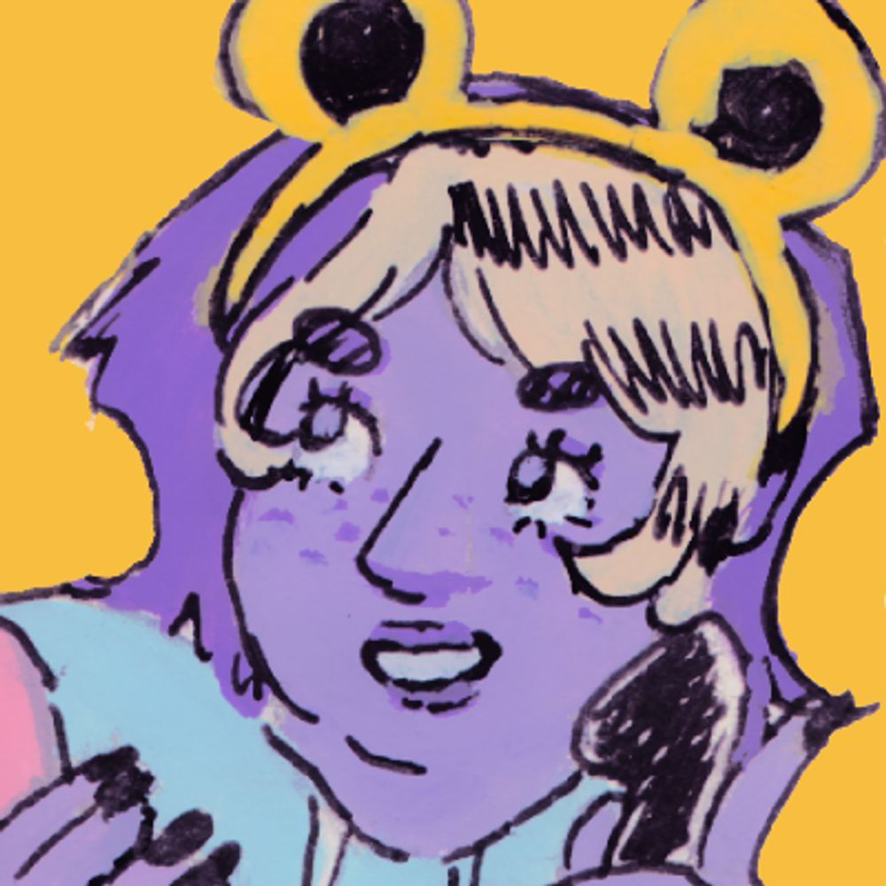 my icon: a close up of a drawing of hanne, a drow girl with purple skin and eyes. she has shoulder-length purple hair and a pale blonde fringe with raccoon stripes. she has freckles and is wearing makeup.