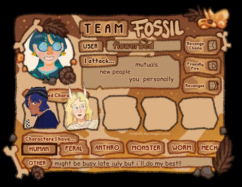 artfight profile card for fiowerbed. the featured characters are a brown skinned person with blue hair and what seems to be a cat beanie, and a pale person with light blond hair and tall, visible horns. 