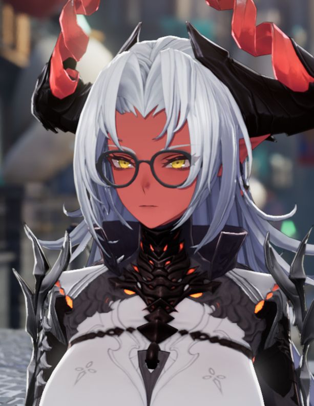 A character from the game "Duet Night Abyss", Warden Hellfire. She is well known far and wide and is very easily recognizable by her red skin tone and large horns. Pictured with a cosmetic, a pair of glasses with a large frame that are not part of her actual outfit. Her skin sets lighter fabrics and materials on fire, and will even burn human skin on contact. The glasses would likely melt on her ears and face unless made out of something that could withstand her skin.