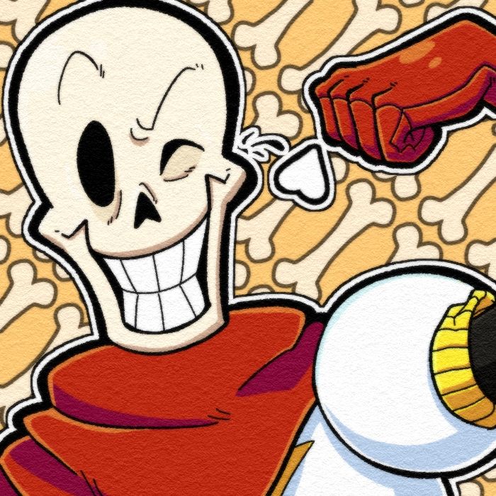 Papyrus from the chest up flexing his lack of muscles and winking, with a tiled bone pattern in the background.