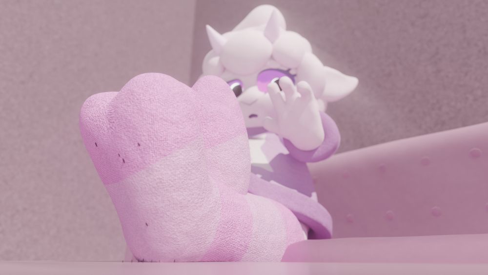 Konato, the angel sheep, is sitting on their couch relaxing
Or at least trying to relax, since a bunch of micros found their way under the door of her house, and now seem to be having some fun times around the big paws propped on the table~
Kon seems surprised, he did not expect such a crowd around her feets