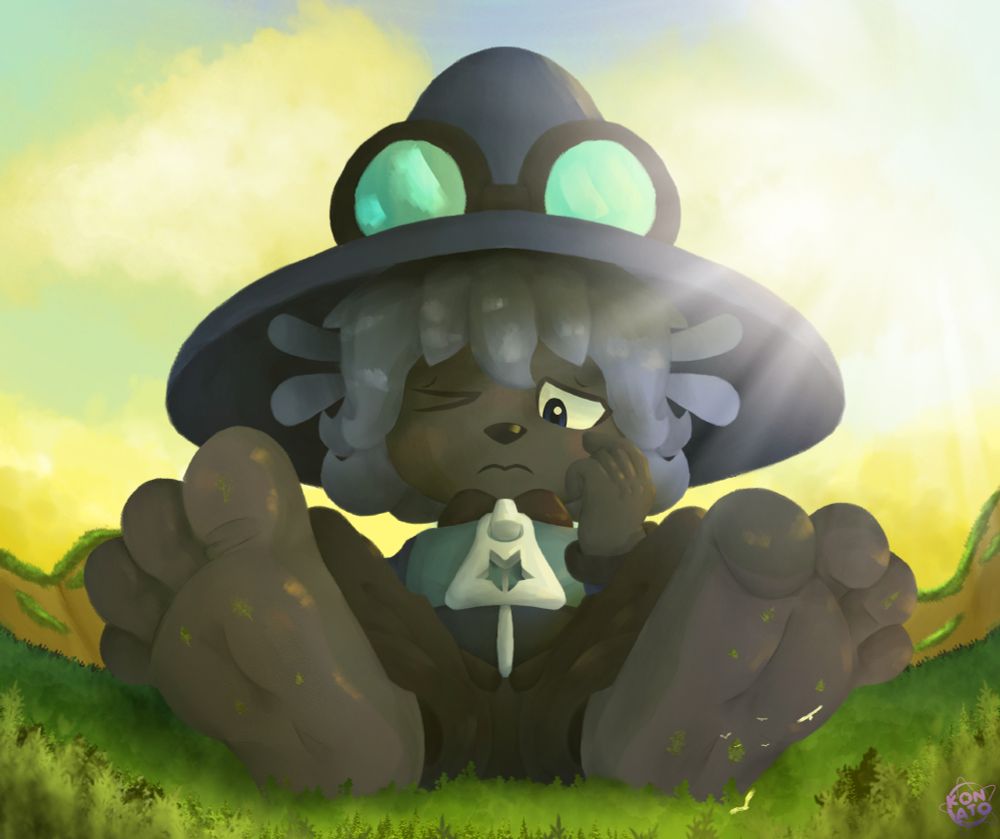 Patra, the giant demon cat in the picture, sits down with his massive paws exposed to the viewer
A huge forest landscape is around him, full of little trees and other plants around, some even stuck to his soles.

He looks flustered and worried, if not a bit uncomfortable by the situation
Patra doesn't really like growing all of sudden, he hates the feeling of everyone looking at him
But don't worry, he gets used to it eventually!