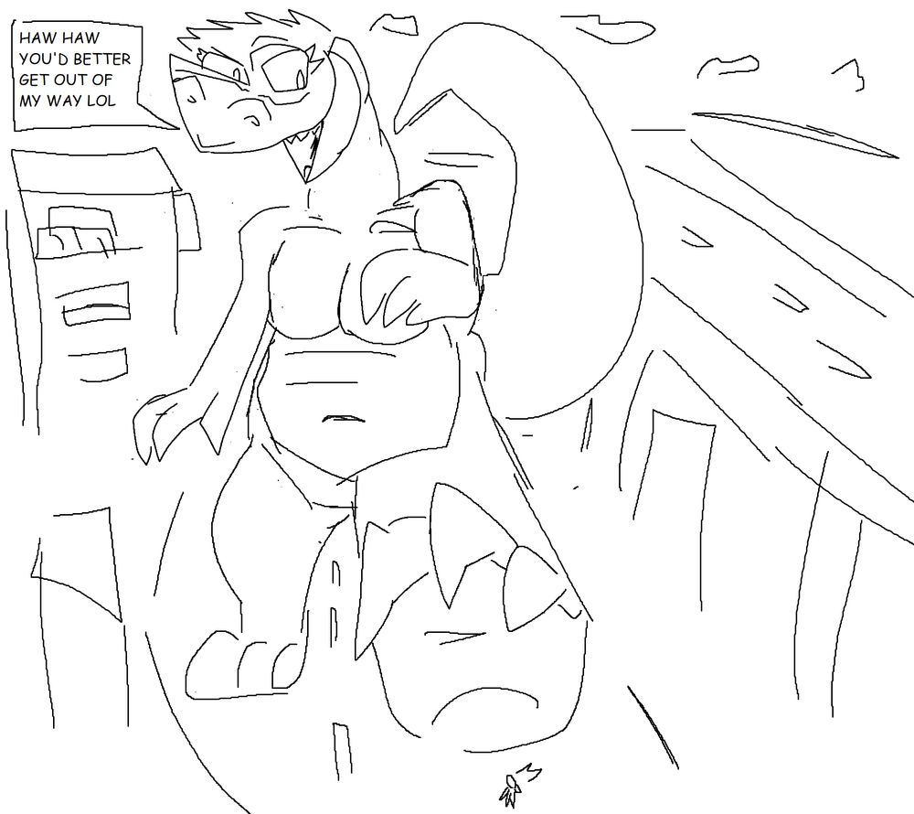 a butch t-rex lady is about to step on a bystander. how mean. 