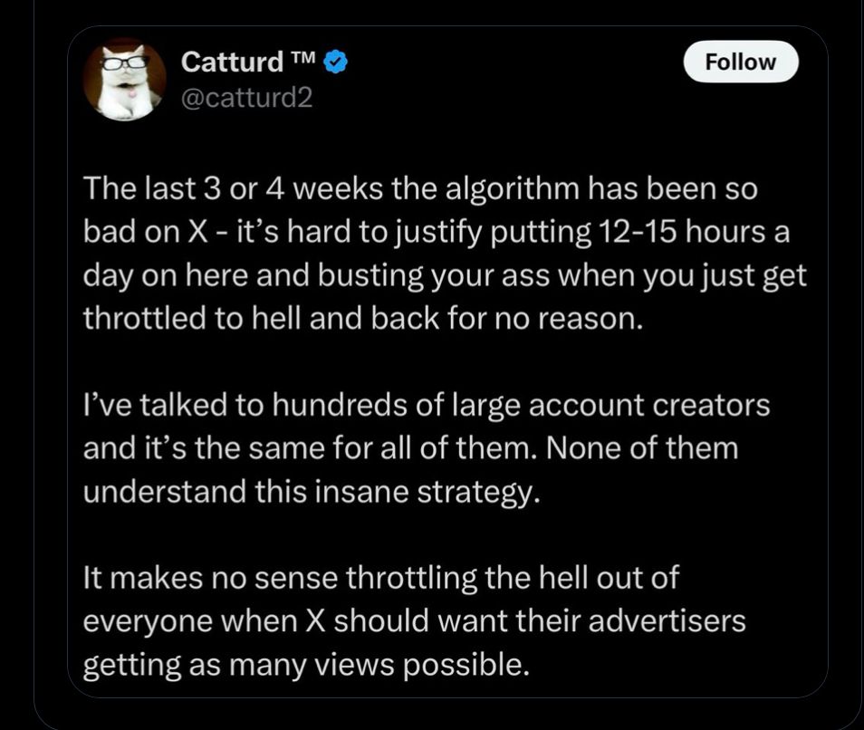 screenshot from X where catturd complained about his reach and being negatively throttled 