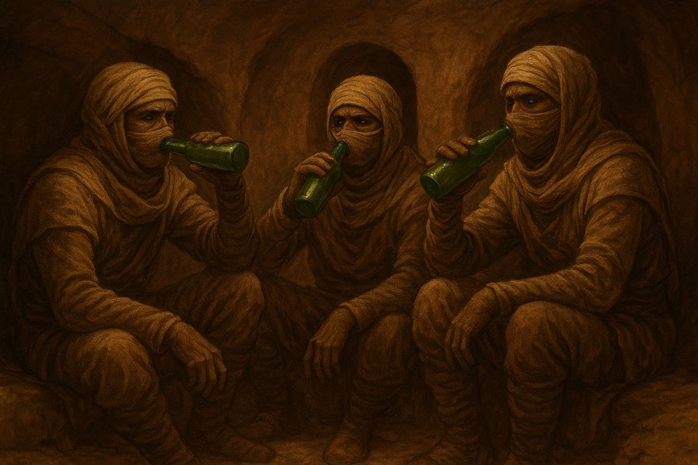 KI-generiertes Bild: Drei Fremen in sandfarbener Wüstenkleidung sitzen in einem dunklen unterirdischen Sietch. Ihre Augen leuchten blau. Jeder hält eine grüne Glasflasche und trinkt daraus.