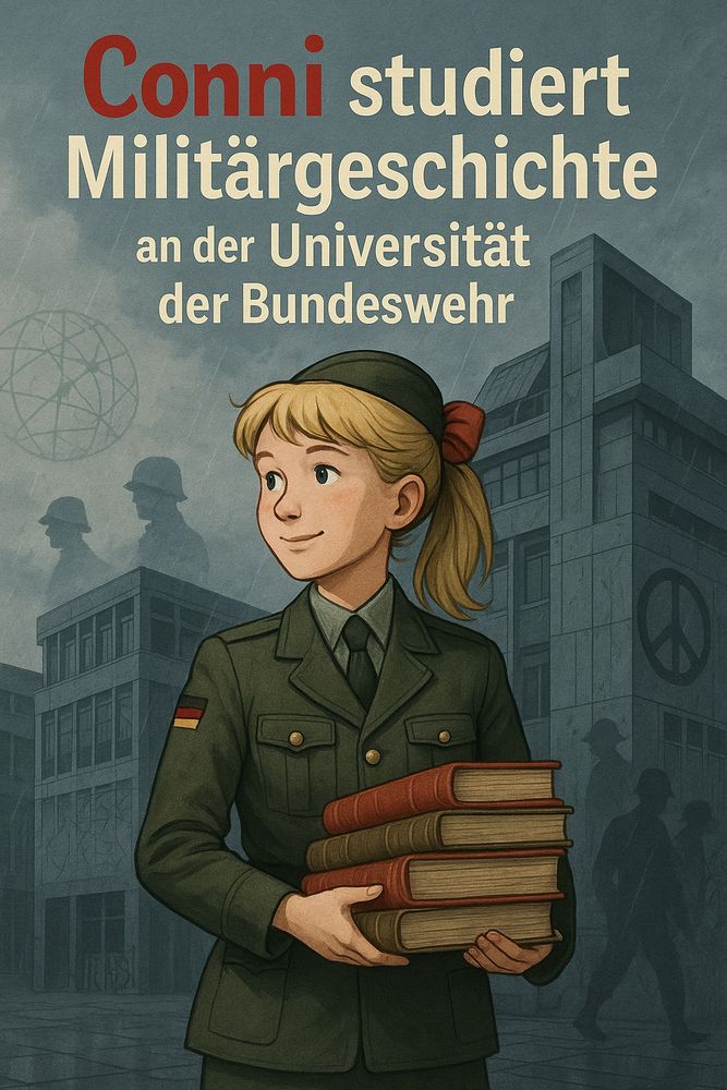 Parodistisches Conni-Cover: Conni als lächelnde junge Frau mit einer olivgrünen Uniform mit Krawatte und deutscher Flagge am Ärmel trägt einen Bücherstapel. Dahinter Umrisse von großen, modernen Gebäuden, an einem davon erkennbar ein Peace-Symbol. Davor und dahinter Silhouetten von Menschen mit deutschen Stahlhelmen und eines sphärischen Koordinatensystems. Überschrift: »Conni studiert Militärgeschichte an der Universität der Bundeswehr«