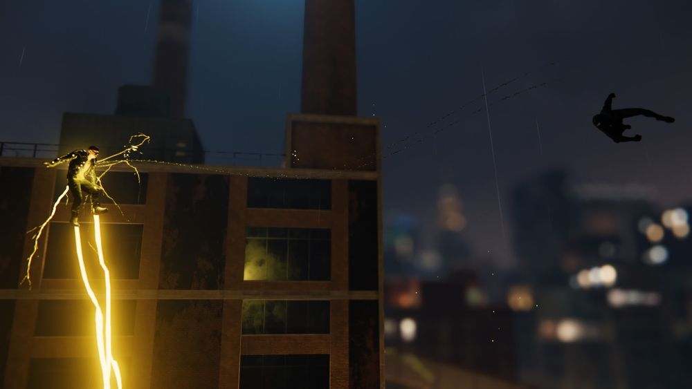 virtual photograpgy from the Marver Spider Man game. Spider Man fighting Electro in air