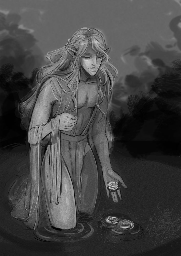 my original character Valerius walking on a shallow water with flower petals