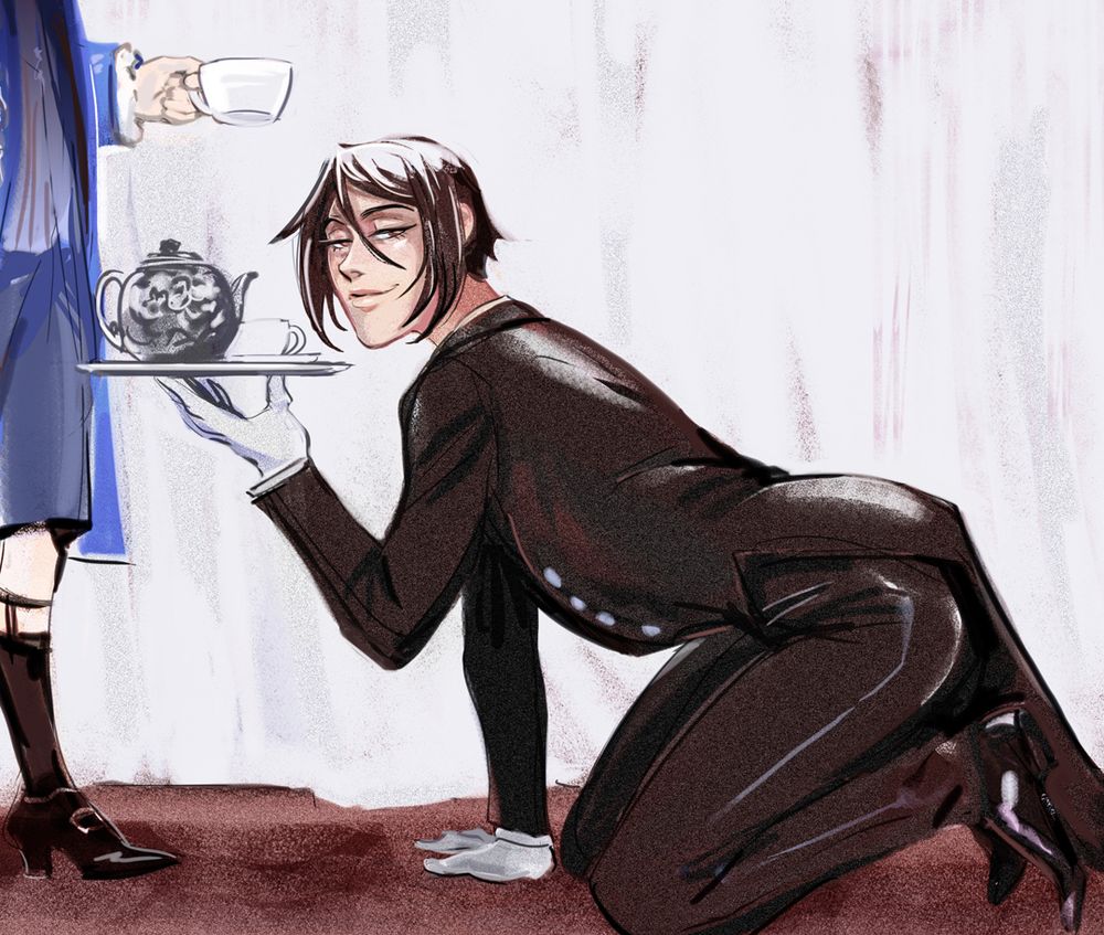 parody redraw of Sabrina Carpenter's Man's Best Friend album cover with Ciel and Sebastian from Black Butler manga series