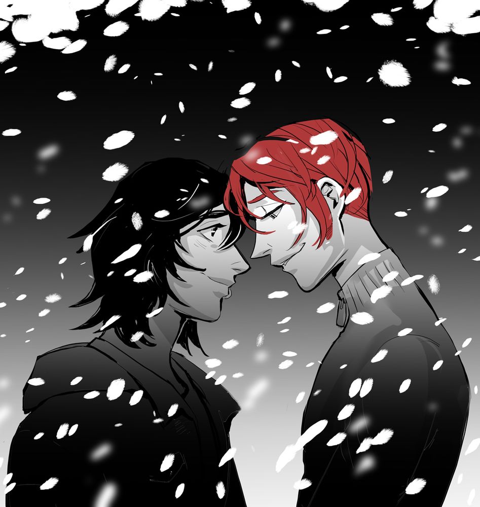 Dylan and Joa from the webcomic Transfusions in a snowstorm, facing each other and smiling