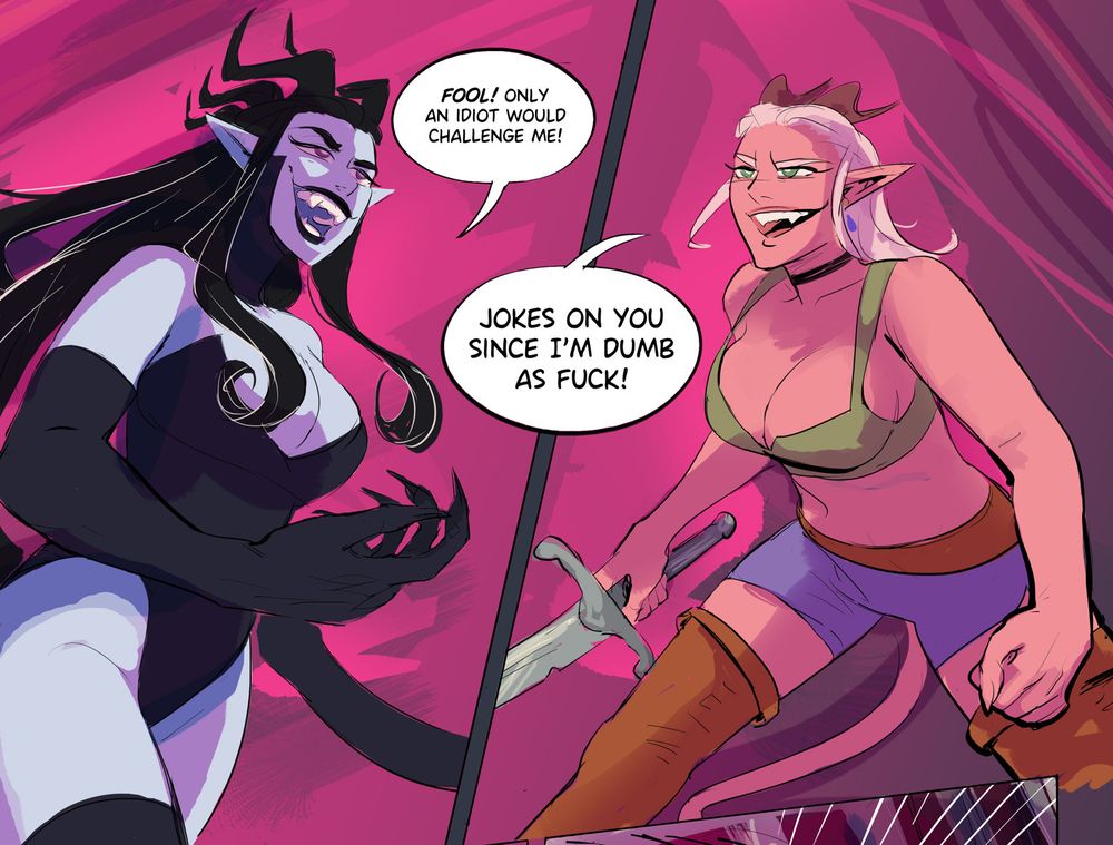 drawn picture of a blue demon woman telling a pink tiefling woman they are a fool and attacking them.