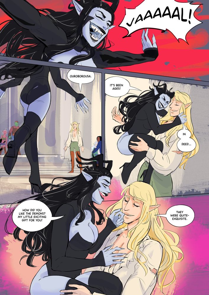 comic page of a blue demon woman in revealing clothing (Ouroborousa) jumping on handsome elf man's (Valerius) lap. The elf looks uneasy.