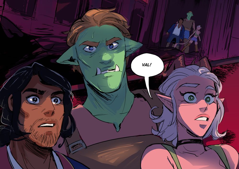 Panel from the webcomic Return of the Demon Girlfriend. Dark-skinned man called Greg, Orc woman called Romy and pink tiefling woman Daya are all looking something outside the panel in shock.