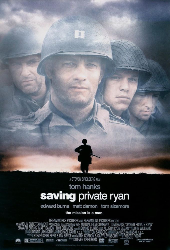 The poster for Saving Private Ryan, a silhouetted soldier walking with the faces of 4 other soldiers above