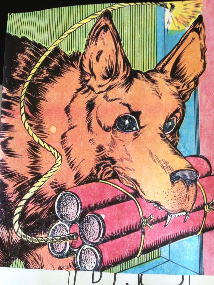 An old comic page depicting a dog, which holds a bundle of lit dynamite in its mouth