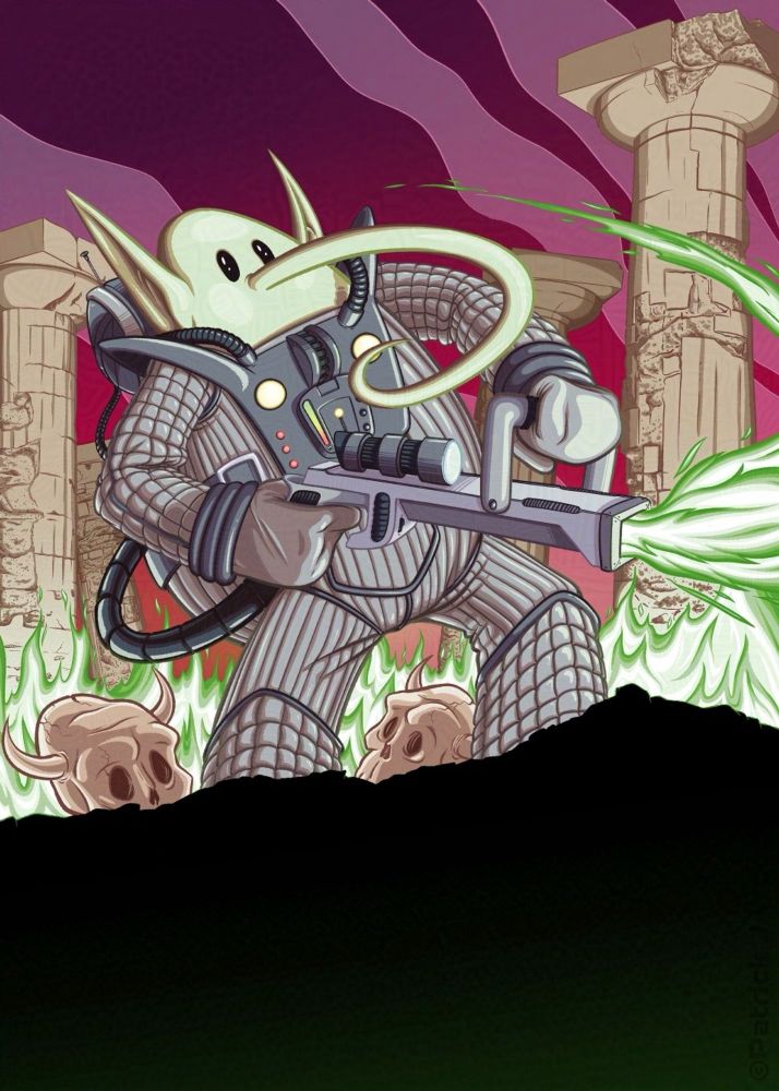 Farovon, a gremlin-looking guy with a proboscis and a fireproof spacesuit, lays waste to an ancient civilization with a flamethrower