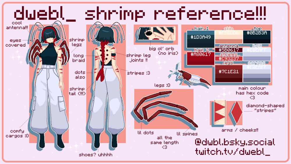 dwebl shrimp reference!! front/back view, shrimpleg detail, eye preview, skrimp, stripes, palette :)