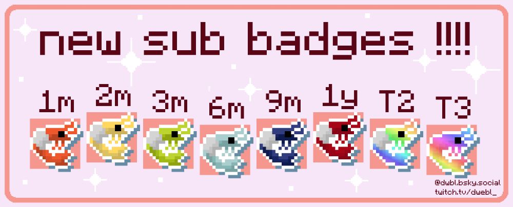 orange rilli (1 month), yellow rilli (2 months), green rilli (3 months), light blue rilli (6 months), dark blue rilli (9 months), red rilli (1 year), rainbow rilli (tier 2), rainbow neo (tier 3)