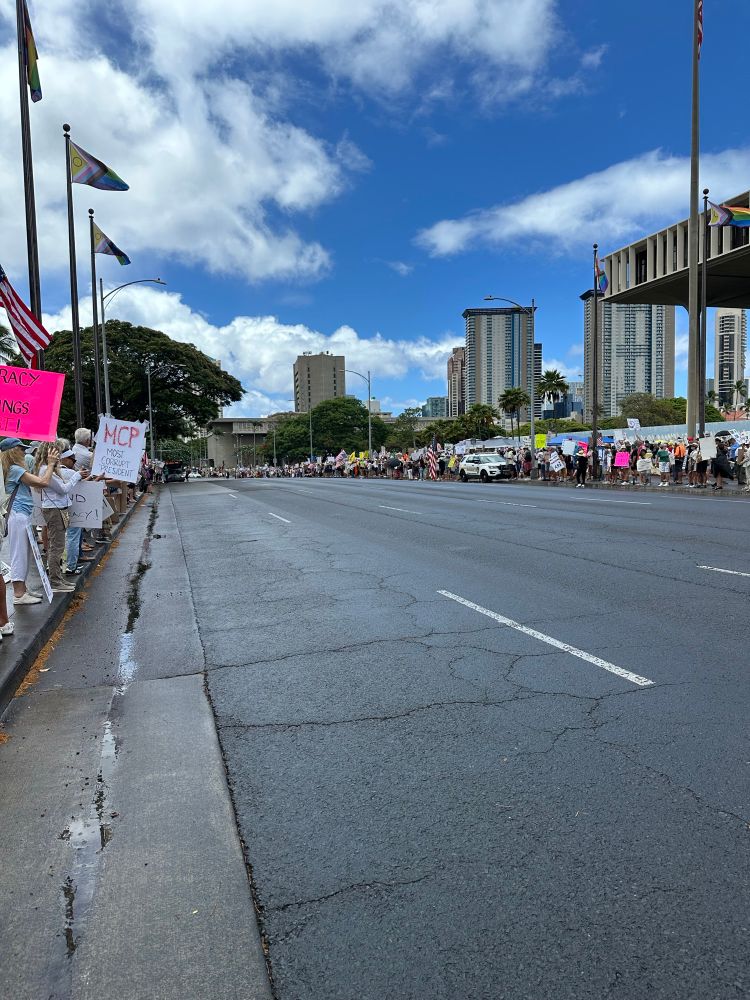 People with signs & flags on both sides of a multi-lane street during the June 14 No Kings protest