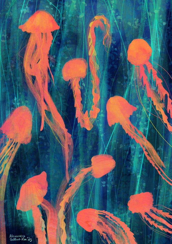 a digital painting of jellyfish, orange, pink and yellow on a blue and green background with sea weed and plants