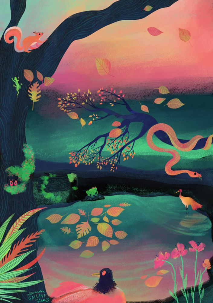 A colorful illustration of a forest scene, animals all positioned around a pool of water, baby chicks in a nest in a tree, a lizard crawling up the trunk, a squirrel resting on a branch, a frog hopping on a rock, a crane dipping in the water, a bird watching it all.